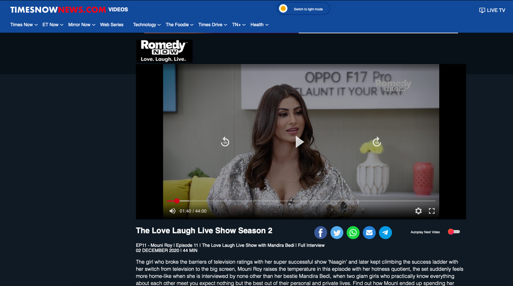 Times Now features Mouni Roy on The Love Laugh Live Show in SOSHAI